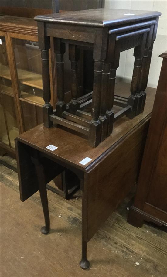 18th C drop leaf table, oak bookcase & nest of tables(-)